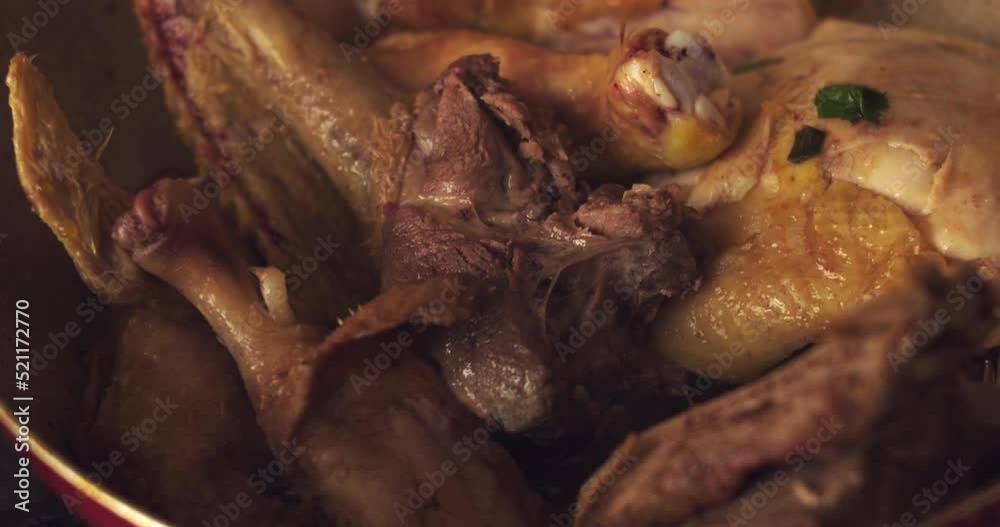 Close-up of chicken and duck pieces being cooked. Slow Motion 4k. Close-up of chicken and duck pieces being cooked. Slow Motion 4k.