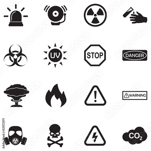 Alerts and Warning Icons. Black Flat Design. Vector Illustration.