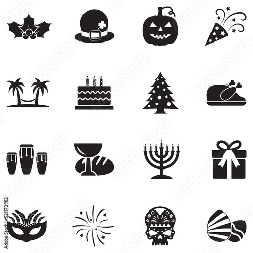 Holidays Icons. Black Flat Design. Vector Illustration.