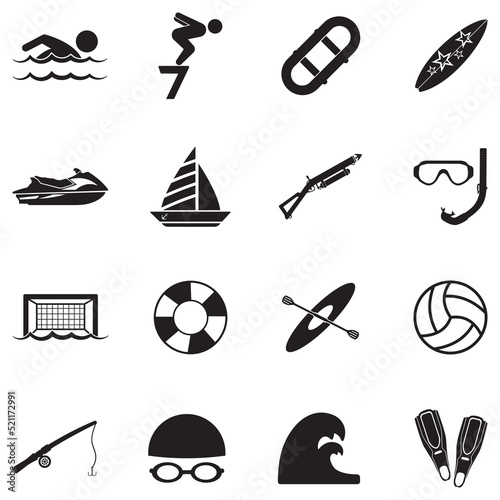 Water Sports Icons. Black Flat Design. Vector Illustration.