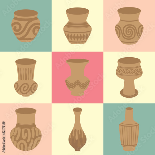 many brown vases jar earthenware background illustration