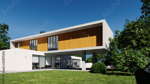 architecture on grass ground with clear blue sky, 3d rendering