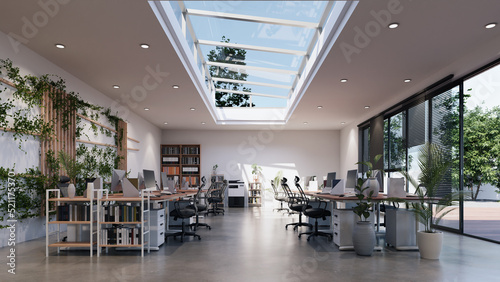 open ceiling office interior with white wall and a lot of plants, 3d rendering