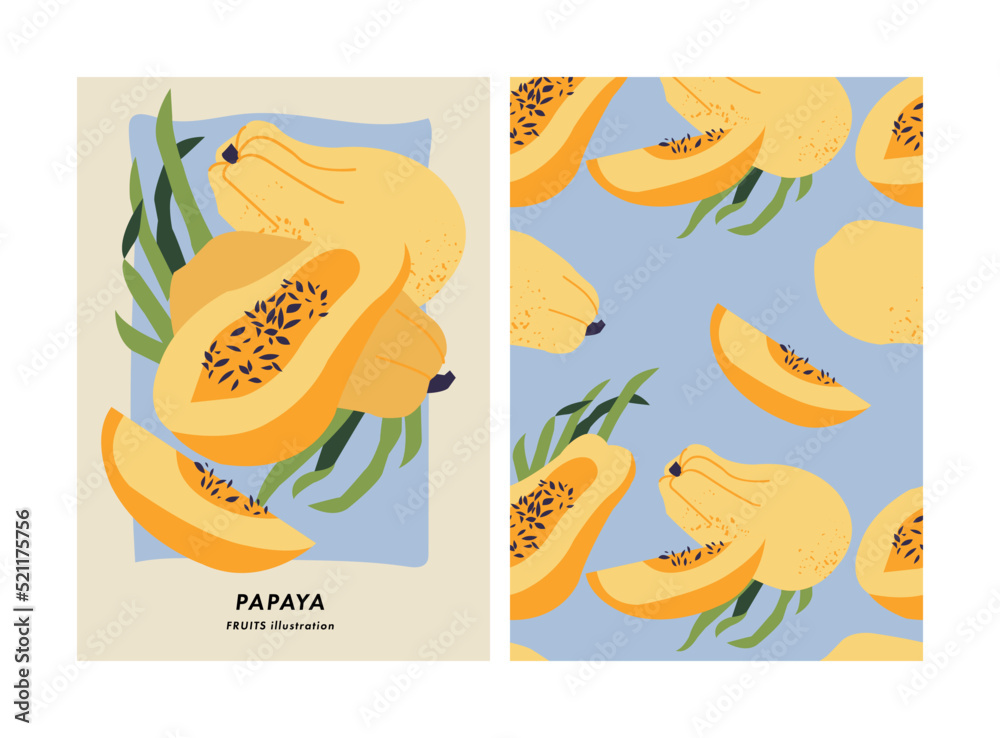 Obraz premium Vector illustration poster with papaya fruit. Art for postcards, wall art, banner, background. Seamless pattern.