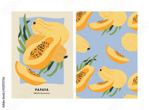 Vector illustration poster with papaya fruit. Art for postcards, wall art, banner, background. Seamless pattern.
