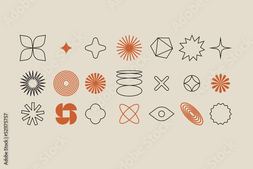 Vector set of different geometric shapes and elements. Brutalist design icons and signs. Basic forms.