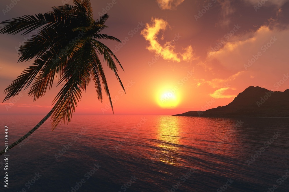 Palm tree over water at sunset, seascape with palm tree and island, 3d rendering