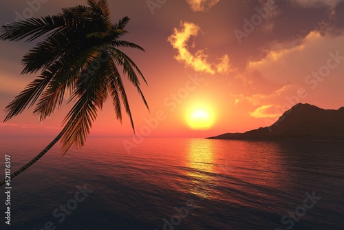 Palm tree over water at sunset, seascape with palm tree and island, 3d rendering