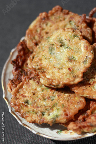 Vegetable pancakes from zucchini just baked closeup. Shallow depth of field