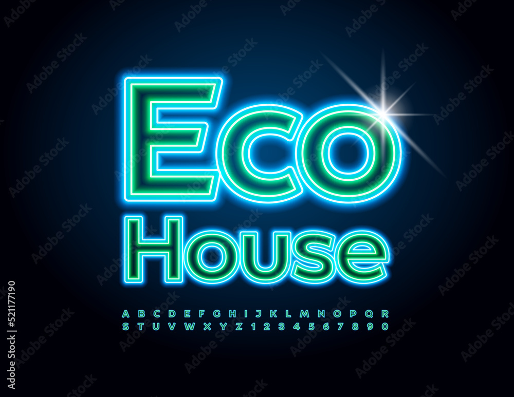 Vector Glowing Banner Eco House.  Bright Neon Font. Creative Alphabet Letters and Numbers. 