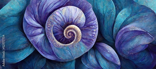 Surreal ammonite swirls and petal spiral flowers in aquamarine blue and amethyst purple pastel color hues. Imaginative floral fresco type illustration art that is out of the ordinary and fascinating.