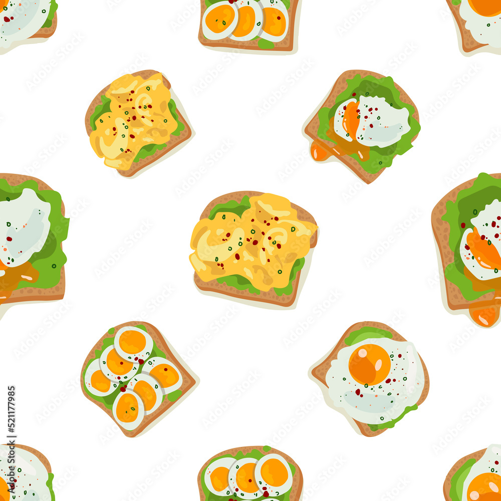 Egg sandwich healthy breakfast pattern. Four bread slices with avocado and eggs. Vector illustration bright colors. Healthy food.