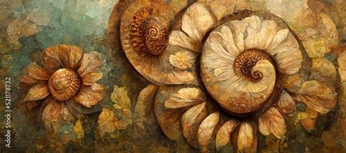 Surreal ammonite swirls and petal spiral flowers in rustic sand and fossil brown pastel color hues. Imaginative floral fresco type illustration art that is out of the ordinary and fascinating.