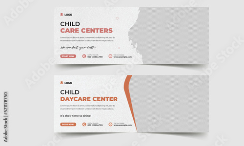 Daycare center social media facebook cover or web banner template, child day care centre, child pre school facebook cover, editable