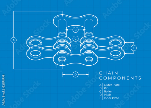 Vector information blueprint about the individual parts of the bicycle chain. Component parts. Blue background