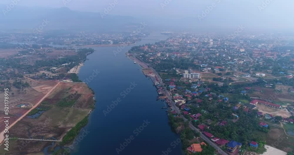 Aerial shot of the Prek Kampong river in the southern part of Kampot city Aerial shot of the Prek Kampong river in the southern part of Kampot city