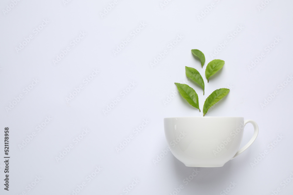Fresh tea leaves and cup isolated on white Fresh tea leaves and cup isolated on white