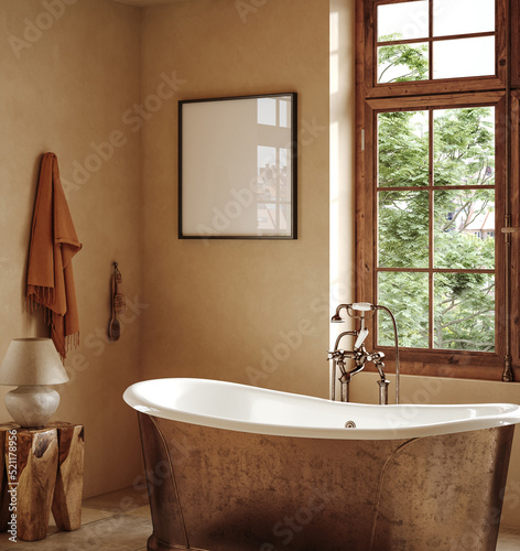 Frame mockup in rustic villa bathroom interior background, 3d render