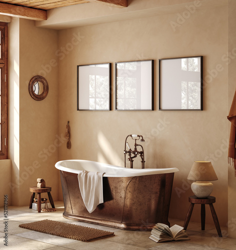 Photographie Frame mockup in rustic villa bathroom interior background, 3d render