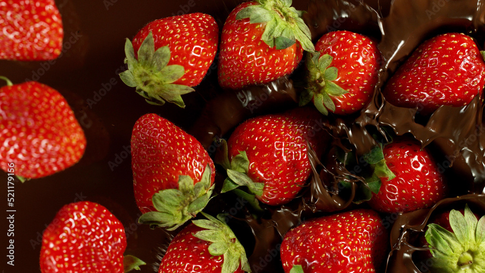 Freeze motion of falling strawberries into melted chocolate. - obrazy, fototapety, plakaty 