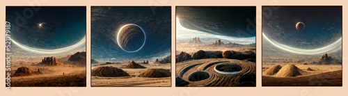 Matte painting of a desert landscape with a planet with rings in the sky, Sketch drawing of desert for vfx, movie post production and video game projects