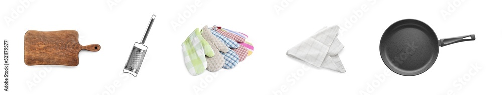 Set with pan, cookware and kitchen utensils on white background, top view. Banner design