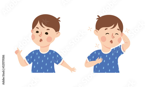 Little Boy Demonstrating Facial Expression and Emotion Pointing Finger and Holding Head Feeling Dizziness Vector Set