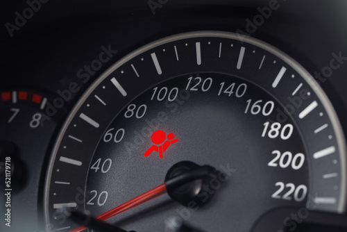 Tableau sur toile Closeup view of dashboard with warning icon check airbag system in car