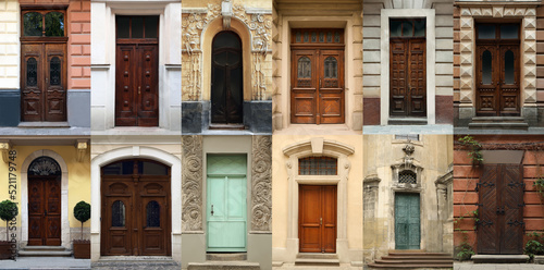 Collage with photos of old buildings with elegant wooden doors. Banner design