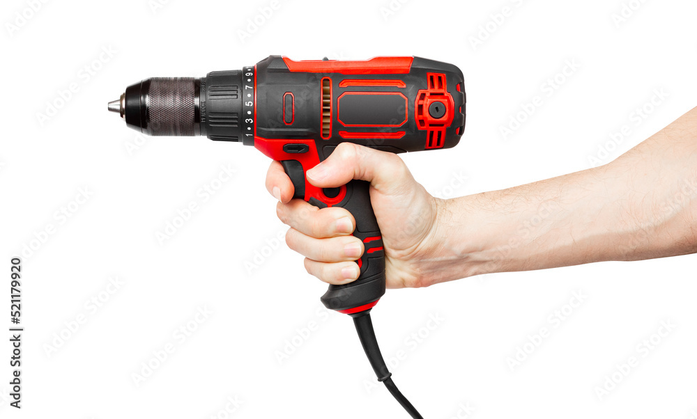 Electric drill in hand isolated on white background. Power tool work.