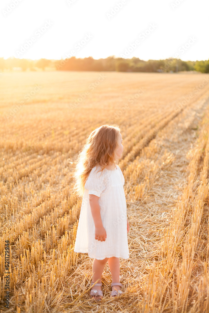 Adorable little curly girl 4 years old in a white dress in the sun at sunset in a mowed field of wheat. Happy child outside. Walk. Warm summer. Emotions. Adorable little curly girl 4 years old in a white dress in the sun at sunset in a mowed field of wheat. Happy child outside. Walk. Warm summer. Emotions.