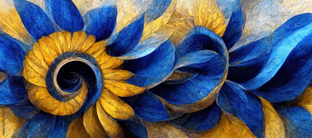 Surreal ammonite swirls and petal spirals with golden yellow sunflowers and darker Prussian blue colors. Imaginative floral fresco type illustration art that is out of the ordinary and fascinating. Surreal ammonite swirls and petal spirals with golden yellow sunflowers and darker Prussian blue colors. Imaginative floral fresco type illustration art that is out of the ordinary and fascinating.
