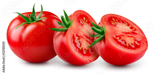 Tomatoes isolated. Tomato on white background. Whole and cut tomato horizontal side view. With clipping path. Full depth of field.