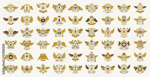 Classic style emblems big set, ancient heraldic symbols awards and labels collection, classical heraldry design elements, family or business emblems.