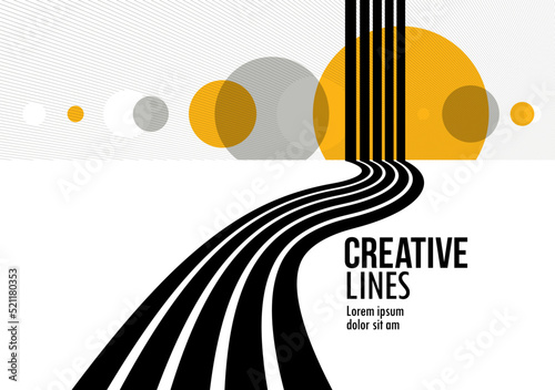 Future lines in 3D perspective vector abstract background, black and yellow linear composition, road to horizon and sky concept, optical illusion op art.