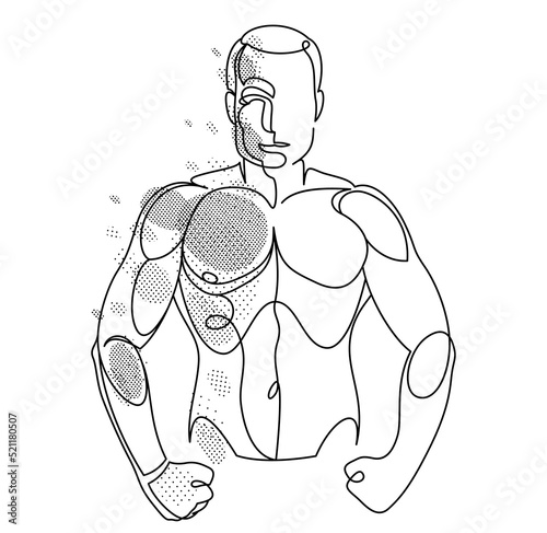 Linear drawing of a perfect body fit model man posing vector illustration isolated, muscular macho sexy guy with naked torso topless.