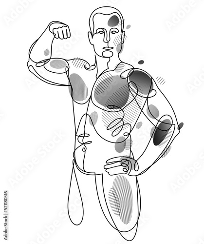 Linear drawing of a perfect body fit model man posing vector illustration isolated, muscular macho sexy guy with naked torso topless.