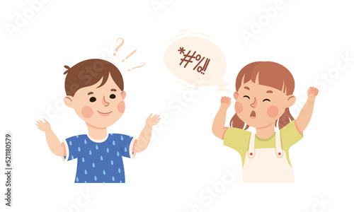 Little Boy and Girl Asking Question and Scoldingg Demonstrating Facial Expression and Emotion Vector Set