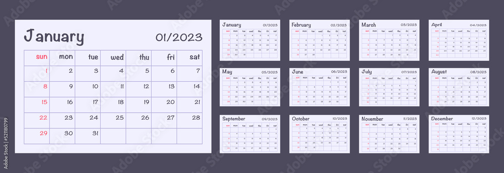 Year 2023 Monthly calendar template Week Starts on Sunday Wall calendar Vector illustration Isolated on dark purple background Year 2023 Monthly calendar template Week Starts on Sunday Wall calendar Vector illustration Isolated on dark purple background