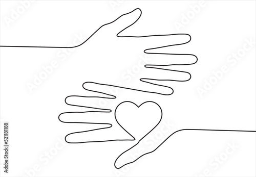 Continuous one line drawing of volunteering hands. Illustration with quote template. Can used for logo, emblem, slide show and banner.