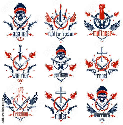 Anarchy and Chaos aggressive emblem or logo with strong clenched fist, aggressive skull, bullets and guns, weapons and different design elements , vector tattoo, rebel and revolutionary.
