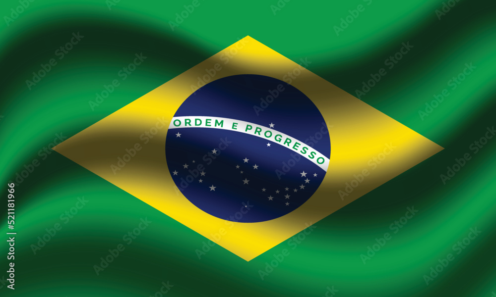 Obraz premium close up waving flag of Brazil. flag symbols of Brazil. brazil flag over green background vector illustration, Waving Fabric Flag of Brazil