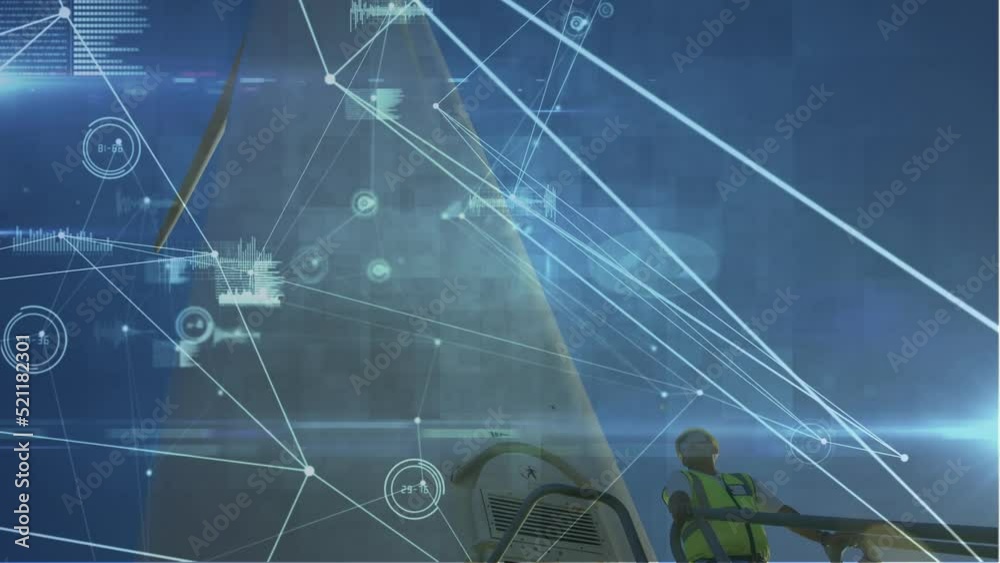 Animation of network of connections and data processing over male architect standing on a windmill