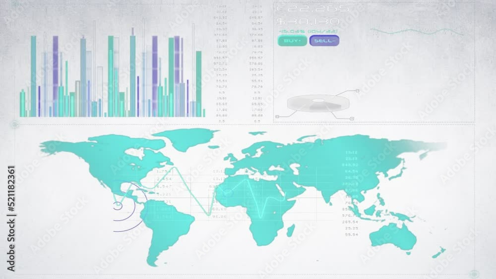 Animation of world map, line, bar graph, index on computer graphic interface Animation of world map, line, bar graph, index on computer graphic interface