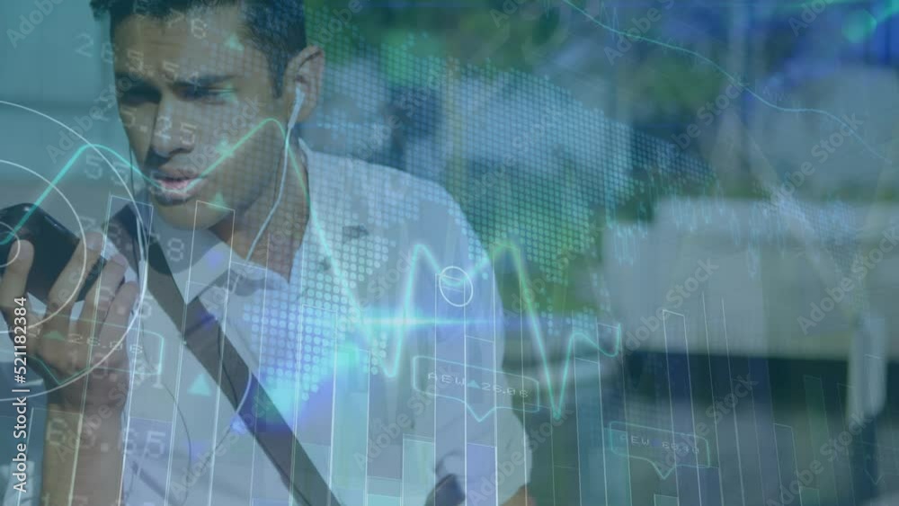 Animation of digital graphs and map over caucasian businessman sending voicemail over smartphone