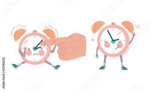 Funny Clock Character Waving Hand and Smiling and Ringing Vector Set