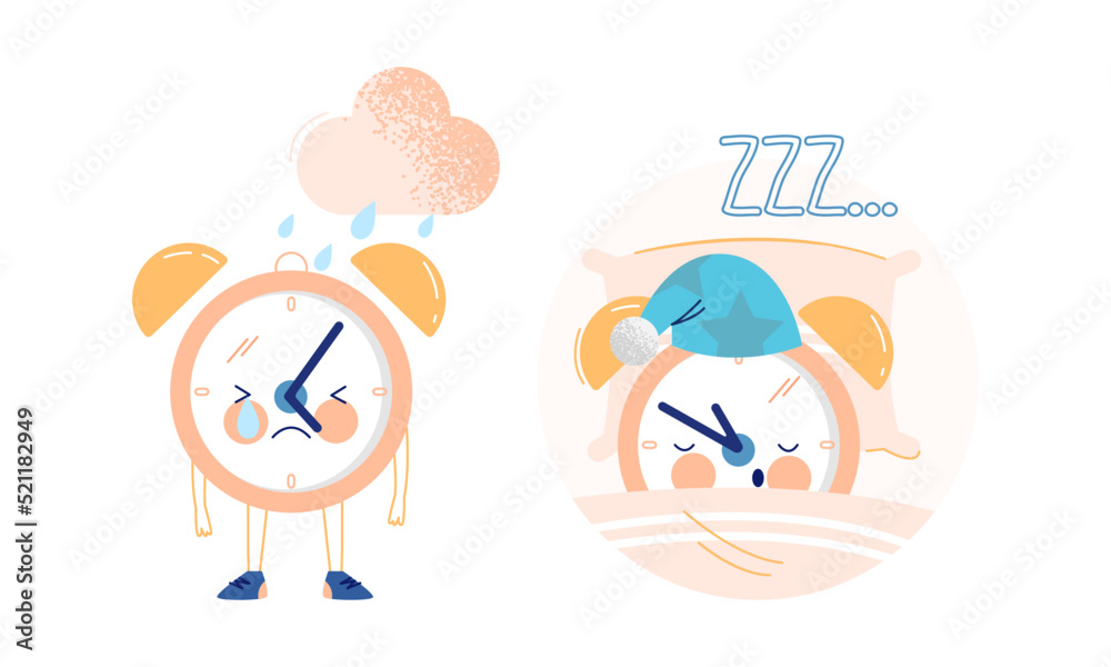 Funny Clock Character Crying with Rain and Sleeping in Bed on Pillow Vector Set