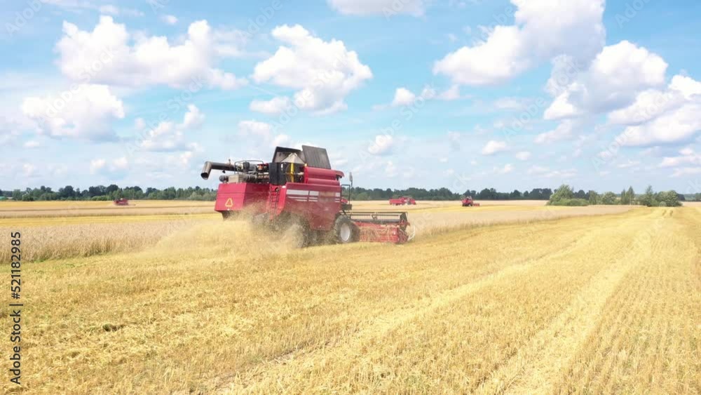 Scenic Rural Landscape Combines Harvesters Gatherings Ripe Wheat In Farm Field Scenic Rural Landscape Combines Harvesters Gatherings Ripe Wheat In Farm Field