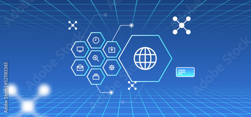 Digital technology transformation of virtual reality and network data system concept flat vector illustration.