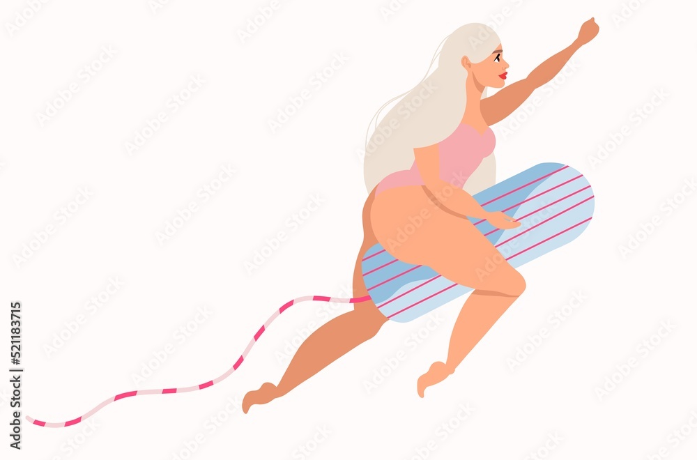 Women riding tampons on a white background. Hand-drawn flat illustration of a girl sitting on a tampon. Feminine design. Menstruation and women's health concept. Female hygiene and healthcare. Women riding tampons on a white background. Hand-drawn flat illustration of a girl sitting on a tampon. Feminine design. Menstruation and women's health concept. Female hygiene and healthcare.